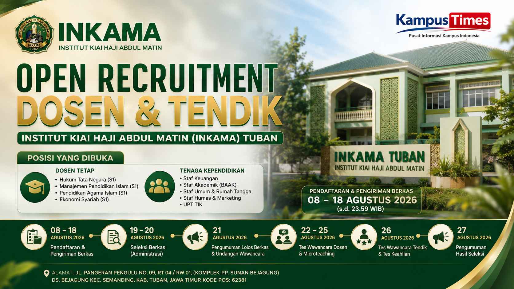 Lowongan INKAMA Tuban 2026 Dibuka: Dosen Tetap dan Tendik, Cek Posisi serta Syaratnya