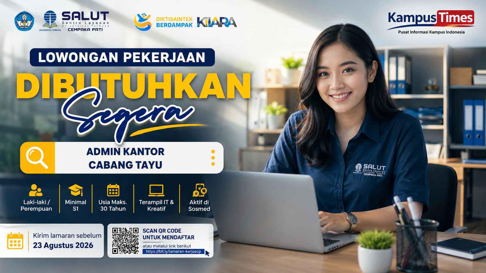 Lowongan Kerja Admin Kantor Cabang Tayu SALUT Cempaka Pati 2026, Cek Syarat dan Cara Daftarnya